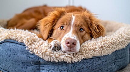 Poster - Detailed depiction of a cozy pet bed with a dog laying comfortably in it centered with empty space around the edges Stock Photo with copy space