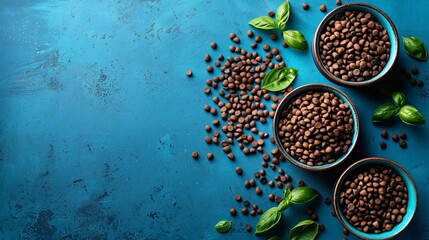 Poster - Illustration of a set of pet food and water bowls with a few pet treats scattered around them centered with significant empty space on the left Stock Photo with copy space