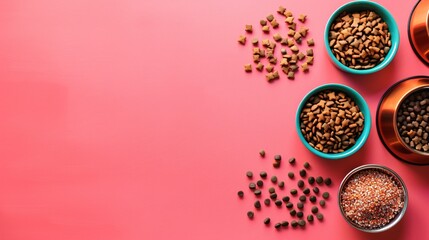 Poster - Illustration of a set of pet food and water bowls with a few pet treats scattered around them centered with significant empty space on the left Stock Photo with copy space