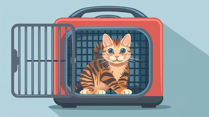 Aufkleber - Illustration of a pet carrier with an open front and a cat inside it centered with empty space around the edges Stock Photo with copy space