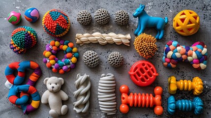 Poster - Detailed depiction of various pet toys including interactive toys and chew toys laid out on a flat surface centered with significant empty space on the left Stock Photo with copy space