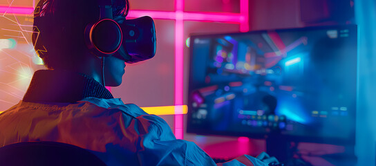 Wall Mural - metavers vr ar, gamer playing game on screen monitor with computer, gaming and esports concept, streamer is streaming online content, hacker hacking the network system