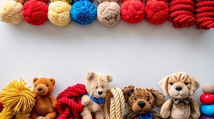 Poster - High-detail drawing of a pet toy collection including balls, ropes, and plush toys arranged in a flat lay style centered with significant empty space on the right Stock Photo with copy space