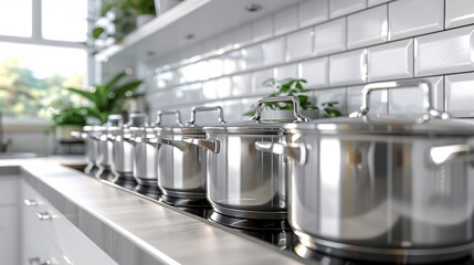 Poster - Illustration of stainless steel pots and pans arranged neatly with empty space on the left Stock Photo with copy space