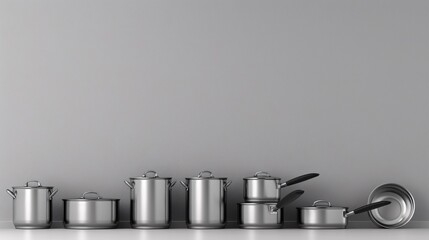 Poster - Illustration of stainless steel pots and pans arranged neatly with empty space on the left Stock Photo with copy space