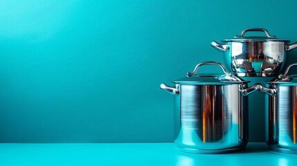 Poster - Illustration of stainless steel pots and pans arranged neatly with empty space on the left Stock Photo with copy space