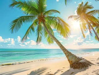 Tropical beach with palm trees and turquoise water.