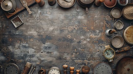 Poster - Illustration of an assortment of kitchen scales and measuring tools with significant empty space on the left Stock Photo with copy space