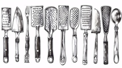 Poster - Detailed drawing of various types of graters and peelers centered with empty space on the right Stock Photo with copy space
