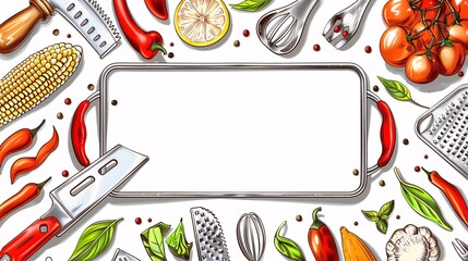 Poster - Detailed drawing of various types of graters and peelers centered with empty space on the right Stock Photo with copy space