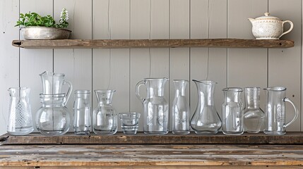Poster - Illustration of an array of glass measuring jugs and pitchers with significant empty space on the right Stock Photo with copy space