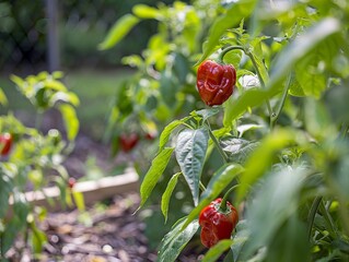 Wall Mural - Spicy Spectacle: Carolina Reaper Thrives in Raised Bed Garden