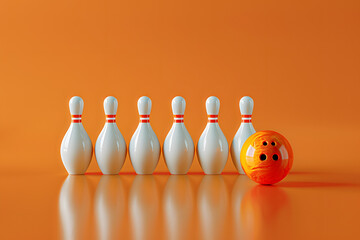 Wall Mural - Minimalist Bowling Setup with Ball and Pins on Orange Background