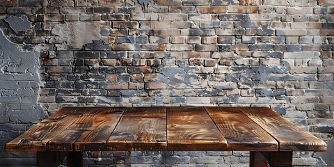 Poster - Rustic Wooden Table with Textured Finish Against Vintage Brick Wall Backdrop for Product Display and Concept