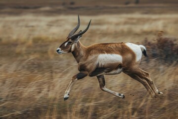 A fast Pronghorn runs across the grassy field