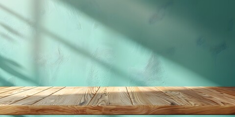 Poster - Smooth Oak Table Surface Against Fresh Mint Green Background for Product Display Concept