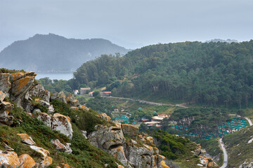 High-Angle Panoramic View of the Path to the Lighthouse and Camping Area on the Cies Islands, Galicia, Spain