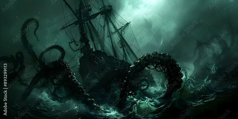 A dark, stormy night at sea with a giant kraken attacking an old ship ...