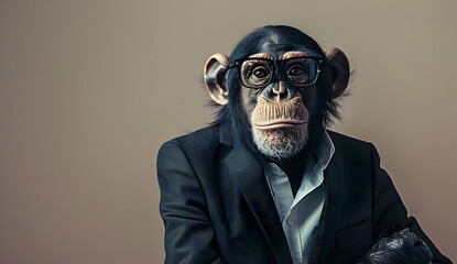 Chimpanzee in a suit wearing glasses, looking professional with a serious expression, against a neutral background.