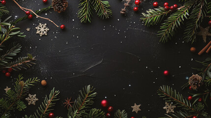 Wall Mural - christmas background with fir tree branches, red berries and snowflakes on black background