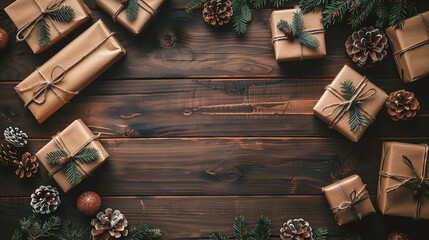Wall Mural - christmas or new year background with gift boxes, fir tree branches and pine cones on dark wooden ta