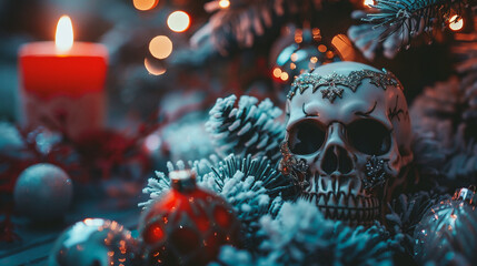 Wall Mural - skull and christmas tree decoration
