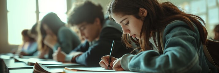 Poster - A group of students are focused and engaged in their classroom, taking a test. They are determined, concentrating, and writing with pencils on paper to complete the academic challenge