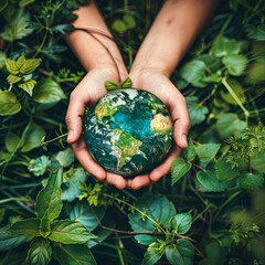 Wall Mural - Small Hands Holding Vibrant Earth Surrounded by Greenery