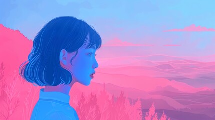 Poster - Photograph of a minimalist 2D scene with thick lines and a blue-pink tone. A gentle breeze Gently from the outside It creates a lo-fi and chill atmosphere. 