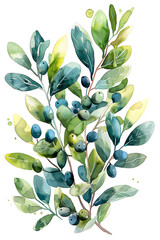 Wall Mural - An olive branch made in watercolor, with leaves and fruits on a white background. Flower illustration.