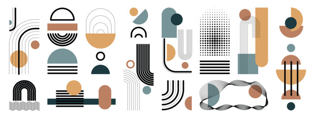 Fototapete - hand drawn abstract minimal element mid century vector set. aesthetic contemporary stripe line art, 