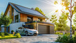 © lenblr - A beautiful ecofriendly house with solar panels, an electric car charging station, lush landscaping, promoting sustainable living and energy efficiency