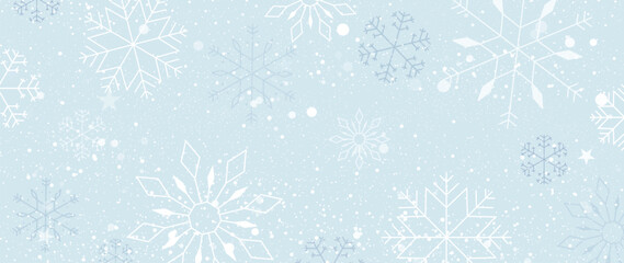 Wall Mural - Elegant winter snowflake background vector illustration. Decorative snowflake and snowfall on light blue background. Design suitable for invitation card, greeting, wallpaper, poster, banner.