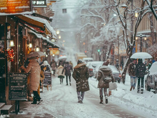 Wall Mural - People Walking Down Snowy Street in City During Winter