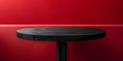 Poster - Modern Matte Black Table on Vibrant Red Background with Copy Space for Product Display Concept long title Minimalist modern matte black table set