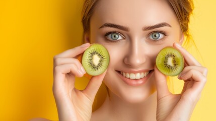 natural vitamin c tablets, skin care, happy women, organic sliced kiwifruit fruits, vitamin c skin c