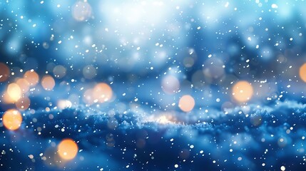Abstract blurred soft blue and white beautiful glowing blinking bokeh and snowfall on colorful background