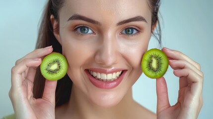 Natural vitamin C tablets, skin care, happy women, organic sliced kiwifruit fruits, vitamin C skin care new concept: natural kiwifruit, beauty and health.