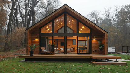 Sticker - timber frame tiny house with a gable roof and flat hard surface floor in front on a green grass field. The walls have vertical brown wood cladding. There is a wooden porch leading to a door at one end