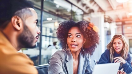 Business people having a discussion in an office.