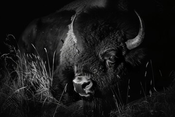 Wall Mural - An American Bison hides in the shadows of night-fall.