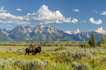 Wall Mural - An American Bison strolls across the plains in the valley of the Grand Tetons.