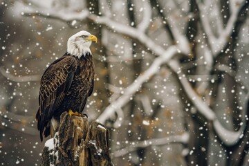 Wall Mural - Bald Eagle perched on dead tree in winter snow