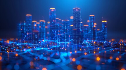 Poster - Digital Cityscape With Illuminated Buildings And Data Flowing In The Night