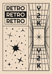 Poster - Minimalistic poster in y2k style with grid and stars. Vector template for banner, post, cover