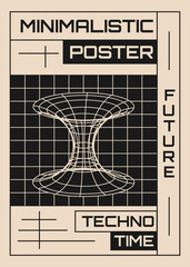 Poster - Minimalist poster with 3D wireframe model in y2k style. Vector template for banner, post, cover