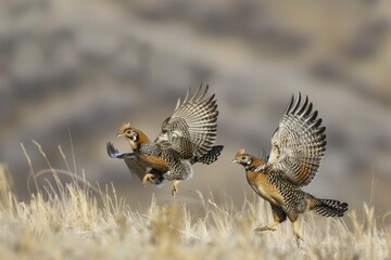 Canvas Print - Greater Prairie Chicken males flighting on lek