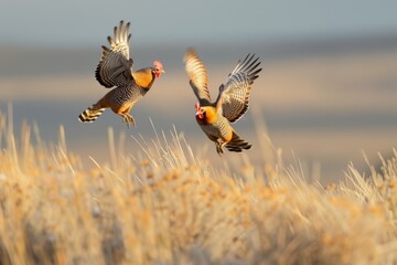 Canvas Print - Greater Prairie Chicken males flighting on lek