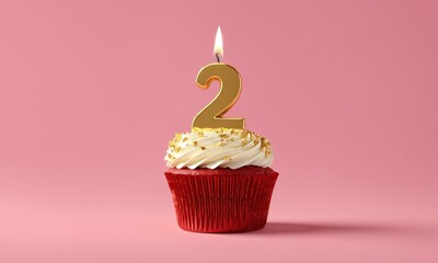 red velvet cupcake with gold number two candle