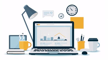 Poster - minimalist design with essential marketing equipment around a laptop screen, focusing on online adve